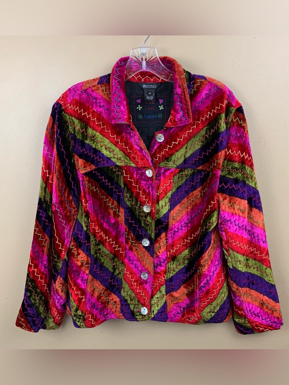 Multiples Vintage Jacket Womens M Colorful Velvet Stripe Patchwork Festival Boho